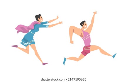 Man and Woman Character Running in a Hurry and Hasten Somewhere Vector Set