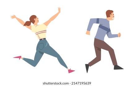 Man and Woman Character Running in a Hurry and Hasten Somewhere Vector Set