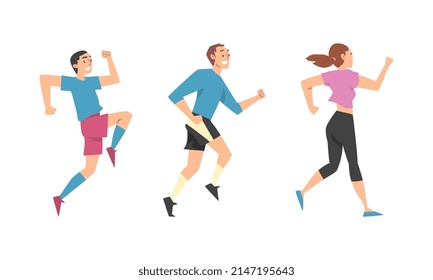 Man and Woman Character Running in a Hurry and Hasten Somewhere Vector Set