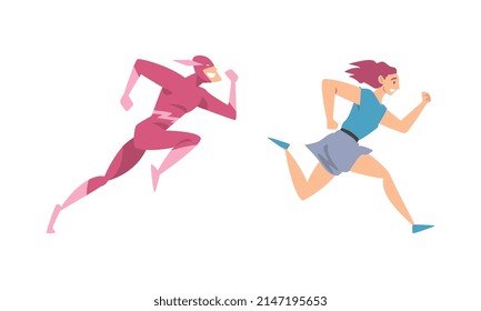 Man and Woman Character Running in a Hurry and Hasten Somewhere Vector Set