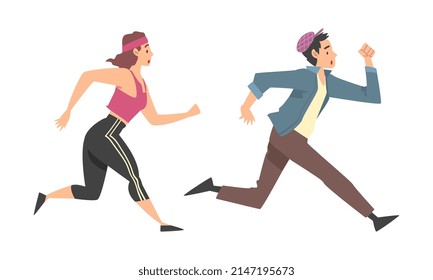 Man and Woman Character Running in a Hurry and Hasten Somewhere Vector Set