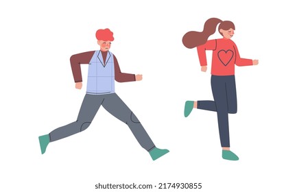 Man and Woman Character Running in a Hurry and Hasten Somewhere Vector Set