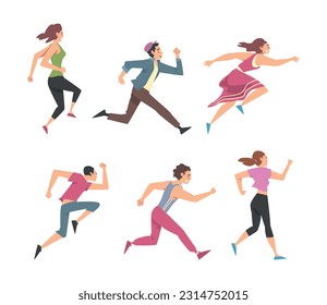 Man and Woman Character Running in a Hurry and Hasten Somewhere Vector Set