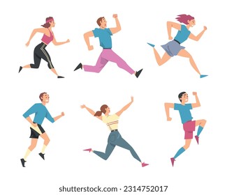 Man and Woman Character Running in a Hurry and Hasten Somewhere Vector Set