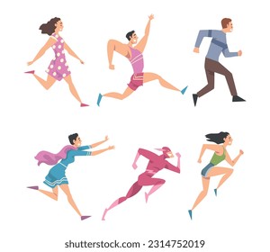 Man and Woman Character Running in a Hurry and Hasten Somewhere Vector Set