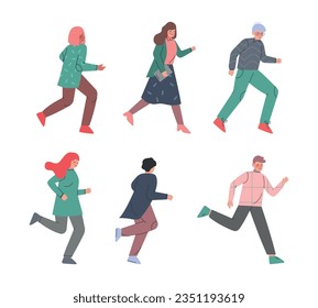 Man and Woman Character Running in a Hurry and Hasten Somewhere Vector Set