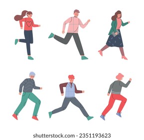 Man and Woman Character Running in a Hurry and Hasten Somewhere Vector Set