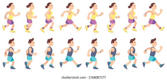 Man and woman character running. People animation. Sport athlete wearing sportswear having marathon race. Jogging couple having fitness or workout, healthy lifestyle vector illustration