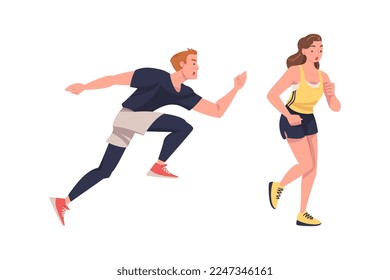 Personaje masculino y femenino que corre en ropa deportiva y formadores que participan en la formación deportiva y en el juego de vectores de entrenamiento