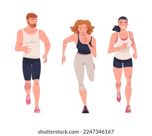 Man and Woman Character Running in Sportswear and Trainers Engaged in Sport Training and Workout Vector Set