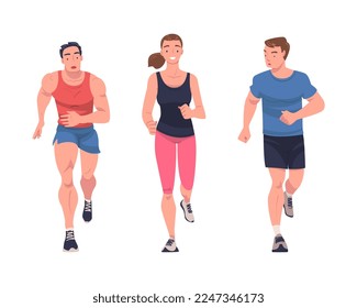 Man and Woman Character Running in Sportswear and Trainers Engaged in Sport Training and Workout Vector Set
