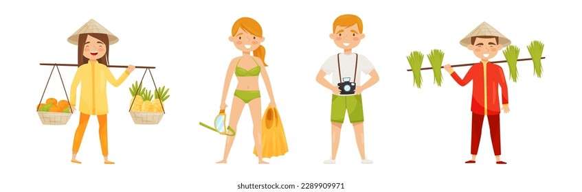 Man and Woman Character at Sea Shore in Vietnam Having Vacation Vector Illustration Set