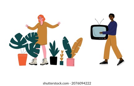 Man and Woman Character Selling and Buying Goods at Marketplace or Flea Market Vector Illustration Set