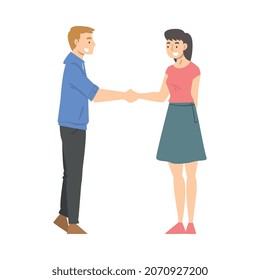 Man and Woman Character Shaking Hand as Brief Greeting or Parting Tradition Vector Illustration