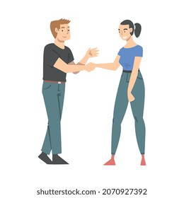 Man and Woman Character Shaking Hand as Brief Greeting or Parting Tradition Vector Illustration