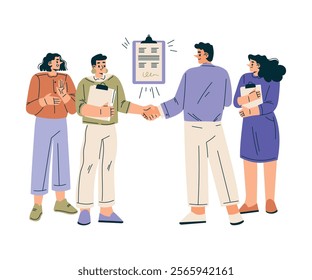 Man and Woman Character Shaking Hands after Completed the Deal Vector Illustration