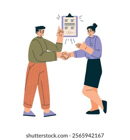 Man and Woman Character Shaking Hands after Completed the Deal Vector Illustration