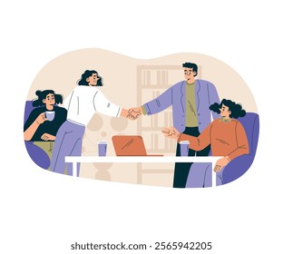 Man and Woman Character Shaking Hands after Completed the Deal Vector Illustration