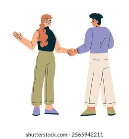 Man and Woman Character Shaking Hands after Completed the Deal Vector Illustration