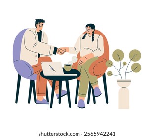 Man and Woman Character Shaking Hands after Completed the Deal Vector Illustration