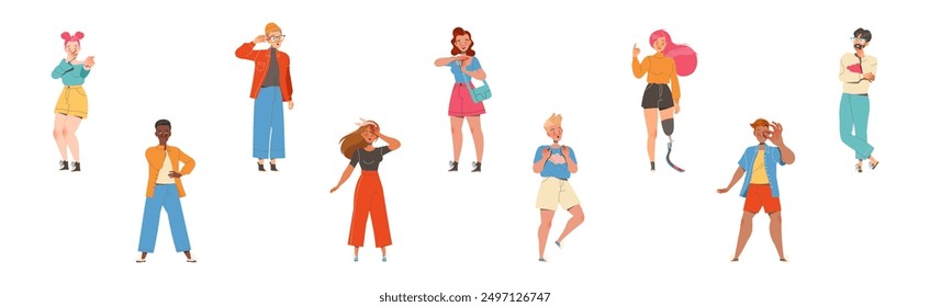 Man and Woman Character Showing Hand Gesture Expressing Emotion with Body Language Vector Illustration Set