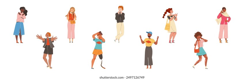 Man and Woman Character Showing Hand Gesture Expressing Emotion with Body Language Vector Illustration Set