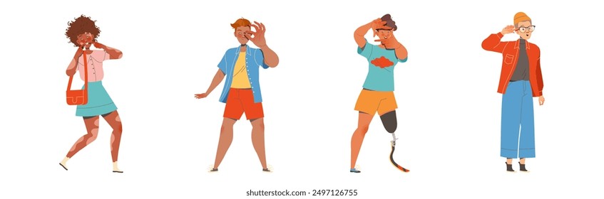 Man and Woman Character Showing Hand Gesture Expressing Emotion with Body Language Vector Illustration Set