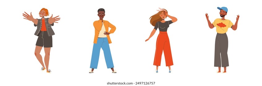 Man and Woman Character Showing Hand Gesture Expressing Emotion with Body Language Vector Illustration Set