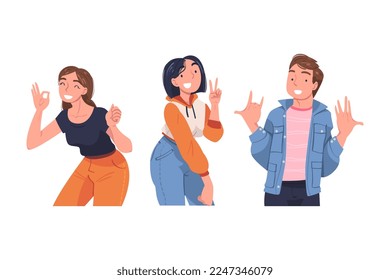 Man and Woman Character Showing Positive Hand Gesture Vector Set