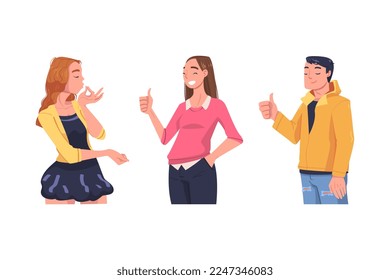 Man and Woman Character Showing Positive Hand Gesture Vector Set