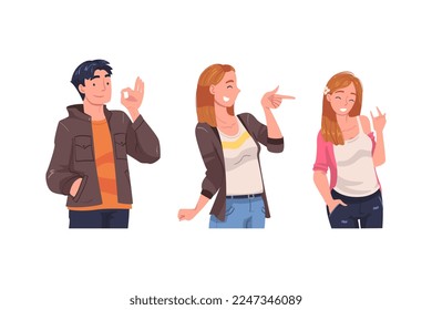 Man and Woman Character Showing Positive Hand Gesture Vector Set