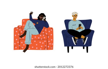 Man and Woman Character Sitting at Home in Comfortable Armchair Vector Set