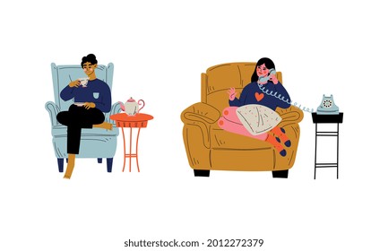 Man and Woman Character Sitting at Home in Comfortable Armchair Vector Set