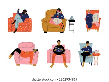 Man and Woman Character Sitting at Home in Comfortable Armchair Vector Set