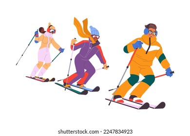 Man and Woman Character Skiing at Mountain Ski Resort in Winter Season Vector Illustration