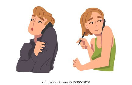 Man and Woman Character Speaking by Phone Having Dialogue via Mobile Gadget Vector Set