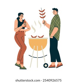 Hombre y Mujer Character Stand Grill Salchicha Relajante en la Naturaleza en el Parque Tener Ilustración vectorial de Barbacoa