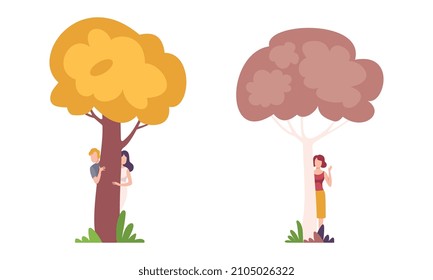 Man and Woman Character Standing Behind Tree Trunk Peeking and Looking Vector Set