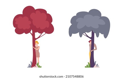 Man and Woman Character Standing Behind Tree Trunk Peeking and Looking Vector Set