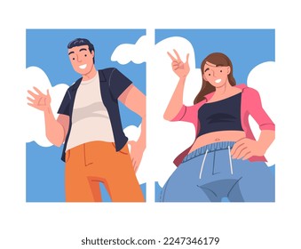 Man and Woman Character Standing Looking from Above Friendly Smiling and Showing Hand Greeting Gesture Vector Set