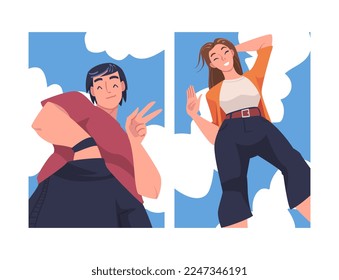 Man and Woman Character Standing Looking from Above Friendly Smiling and Showing Hand Greeting Gesture Vector Set