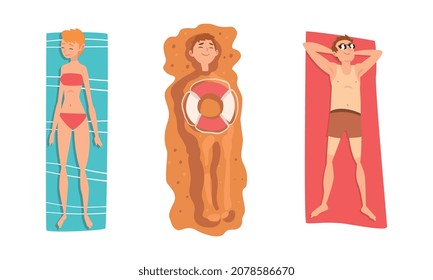 Man and Woman Character Sunbathing Lying on Blanket at Beach or Sea Shore Enjoying Hot Summer Vector Set