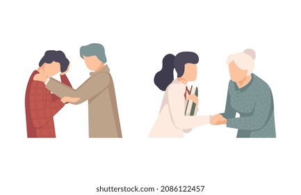 Man and Woman Character Supporting Friend Encouraging Cheering Up and Raising His Spirit Vector Set