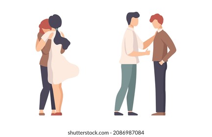 Man and Woman Character Supporting Friend Encouraging Cheering Up and Raising His Spirit Vector Set