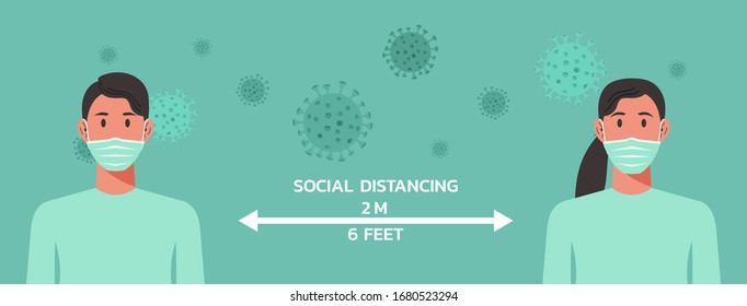 man and woman character with surgical or medical face mask maintain social distancing to prevent from virus spreading and flu prevention, coronavirus. social isolation and self quarantine concept.