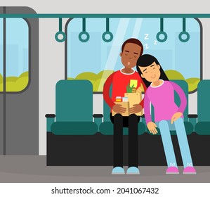 Man and Woman Character Taking Nap Sitting in Public Transport Vector Illustration