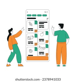 Man and Woman Character Use Food Delivery App to Order Vector Illustration