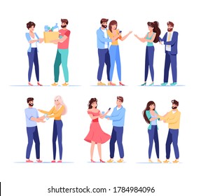 Man woman character using digital device for internet shopping, online order goods, food, grocery delivery, wireless communication, date appointment. Smart technology. People isolated set on white