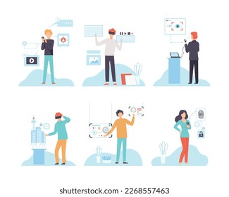 Man and Woman Character Using Wireless Digital Technology Vector Set