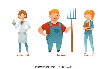 Man and Woman Character of Various Professions with Farmer, Doctor and Scientist Vector Set